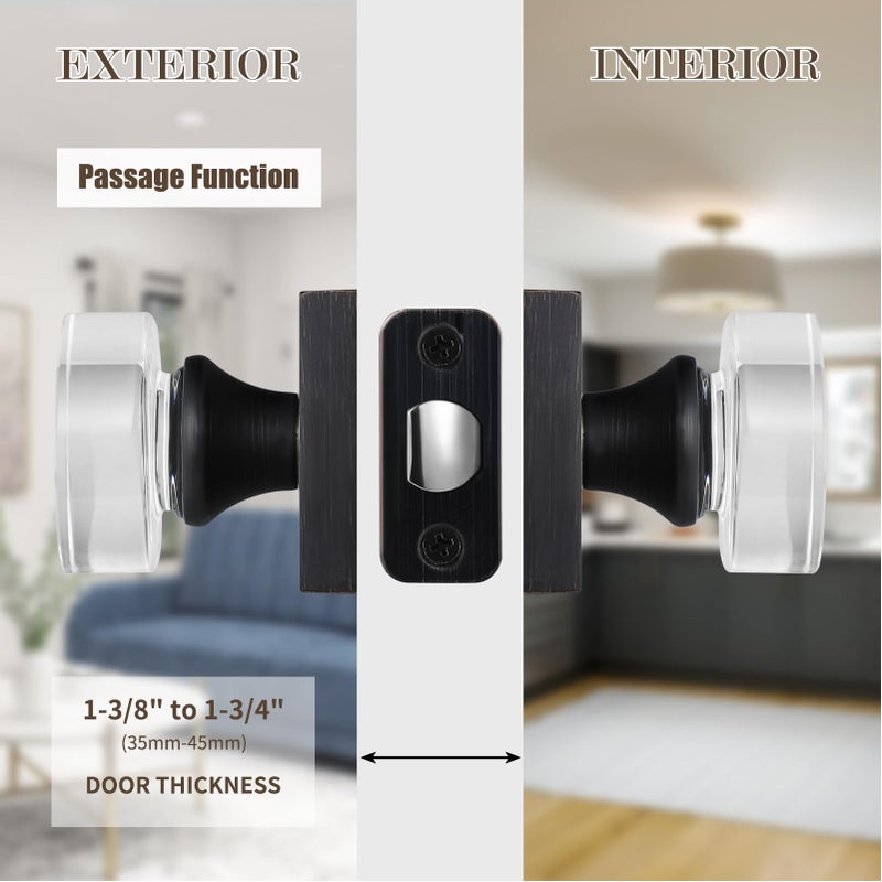 newliplace Oil Rubbed Bronze Door Knobs Interior, Passage Glass Door Knobs for Hallway, Square Vintage Style Crystal Door Handles for Closet - Image 3